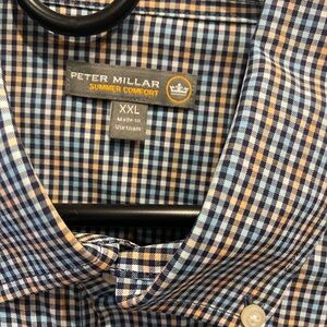XXL Peter Millar Blue and Tan Checkered Men's button up long sleeve Shirt.